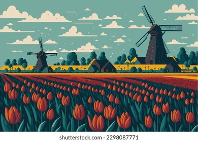 Tulip fields in Holland, tulips and windmills, Holland country, vector illustration