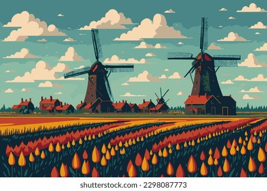 Tulip fields in Holland, tulips and windmills, Holland country, vector illustration