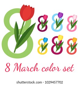 tulip flat vector icons set. Template vector illustration for greeting card design International Women's Day. Postcard element tulip flower and letter 8. Isolated on white background. High quality