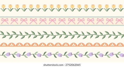 Tulip floral border set. Flat decorative flower leaf and ribbon bow line dividers. Pastel garden botanical seamless pattern elements for wedding invitation, greeting card and stationery design.