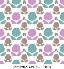 Tulip floral with geometric background. Vector repeat. Great for home decor, wrapping, scrapbooking, wallpaper, gift, kids, apparel. 