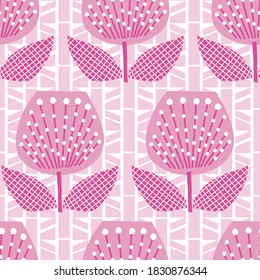 Tulip floral with geometric pink and white background. Vector repeat. Great for home decor, wrapping, scrapbooking, wallpaper, gift, kids, apparel. 