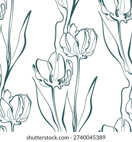 tulip floral line art vector seamless pattern Art Nouveau