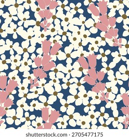 Tulipa floral padrão primavera-verão pano de fundo. Desenhado à mão design de padrão de superfície com flores douradas e brancas no jardim.
