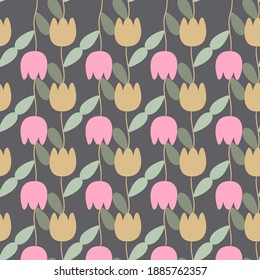 Tulip floral seamless pattern on dark grey background. Vector illustration.