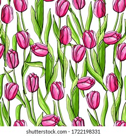 Tulip floral set seamless pattern texture background pink