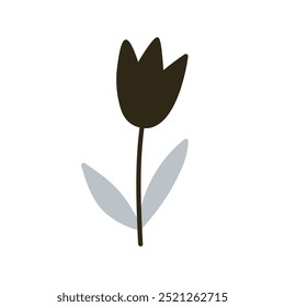 Tulip flower blossom with leaf. Simple floral decoration, botanical design element, decor. Monochrome spring plant, bloom silhouette. Flat graphic vector illustration isolated on white background