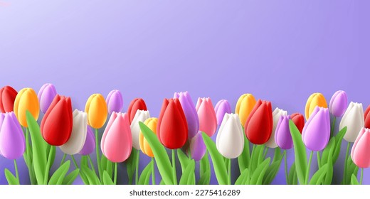 Tulip flower border to the bottom of the screen, colourful 3d render style blossom