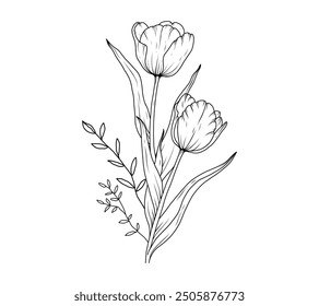 Tulip flower bouquet line art sketch. Floral outline hand drawn spring bouquet. Tulips black vintage linear bouquet vector illustration