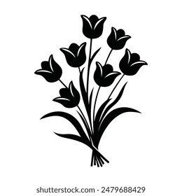 Ilustración vectorial de silueta de ramo de flores de tulipán sobre un fondo blanco.