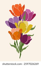 Tulip flower bouquet. Spring floral bunch, fresh blossoms with delicate gentle petals, stems. Elegant gorgeous garden blooms bundle. Flat graphic vector illustration isolated on white background