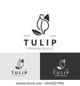 Tulip Flower bud logo con diseño de hojas, adecuado para la moda, belleza, spa y boutique emblema ilustración de negocios