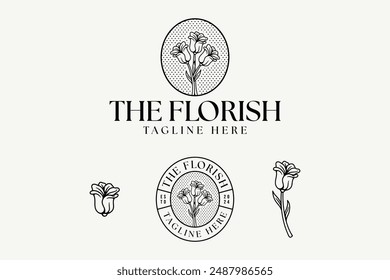 Tulpenblütenknospen mit Blättern Linie Kunst Vintage Logo Design. Einfache mehrere Stems von Tulpen mit Blättern Abzeichen Logo Konzept. Weibliches Tulpenblütenlogo für Schönheitspflege, Spa, Salon, Kosmetik oder Boutique