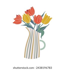 Tulip flower bunch in vase. Fresh cut blooms, floral plants bouquet in pitcher. Beautiful Spring posy, tulips arrangement. Flat style vector illustration with modern textures.