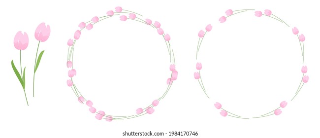 Tulip flower circle frame and tulip icons isolated on white background vector illustration. 