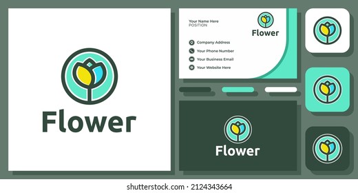 Tulip Flower Colorful Blossom Plant Nature Organic Floral Vector Logo Design with Business Card