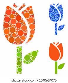 Tulip flower composition of filled circles in various sizes and color tints, based on tulip flower icon. Vector filled circles are combined into blue composition.