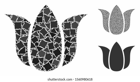Tulip flower composition of trembly parts in different sizes and color tones, based on tulip flower icon. Vector raggy parts are combined into composition.