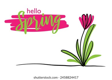 Tulip Flower in continuous line art drawing style. Doodle floral border with  blooming flower. Minimalist black linear design isolated on white background. Vector illustration. Hello spring poster 