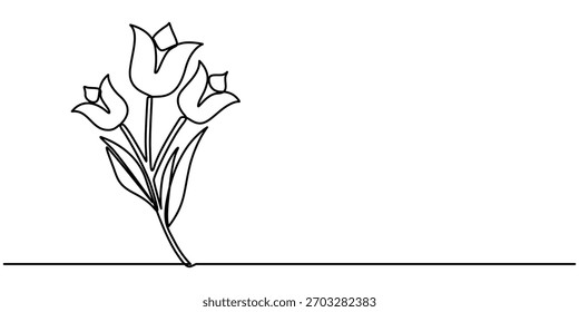 Tulpenblume durchgehend eine Linie Zeichnung, Minimalistische durchgehende Linie Zeichnung eine einzelne Tulpe mit Strich einzelne Umriss Illustration. 
