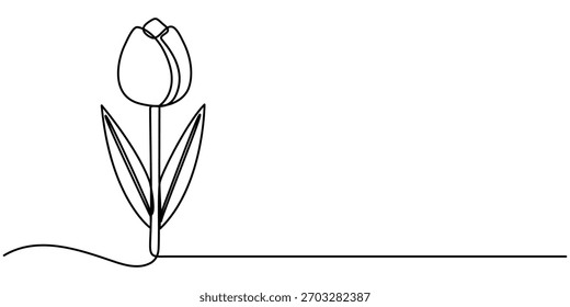 Tulpenblume durchgehend eine Linie Zeichnung, Minimalistische durchgehende Linie Zeichnung eine einzelne Tulpe mit Strich einzelne Umriss Illustration. 