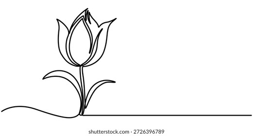 Tulpenblume durchgehende einzeilige Zeichnung. Blumenzeichen in einer Zeile. Kontur, Vektorgrafik. 