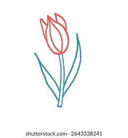 Giz de cera de flor de tulipa desenhado. Crocus primavera planta doodle isolado no fundo branco. Verão floral crianças elemento. Forma de natureza de afunilamento infantil estilo giz ou pastel. Ilustração ingênua de vetor feita a lápis.