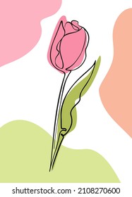 Tulip flower drawn with one line and color spots. One line artwork flat style. Minimalist contour drawing. Collection of plants for postcards, banner, posters and wall decoration.