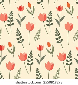 Tulip flower element and leaves.Cute floral ditsy leaf. Flowers seamless pattern. Texture for background, paper, scarf,card, fabric, wrapping, textile, wallpaper,  phone case, wrapping.
