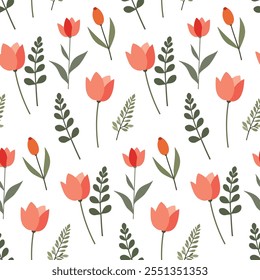 Tulip flower element and leaves.Cute floral ditsy leaf. Flowers seamless pattern. Texture for background, paper, scarf,card, fabric, wrapping, textile, wallpaper, phone case, wrapping.
