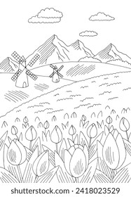 Tulip flower field graphic black white landscape vertical sketch illustration vector 