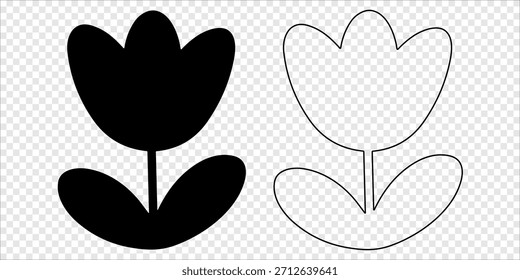 Flor de tulipán con cinco pétalos y dos hojas Silueta y contorno