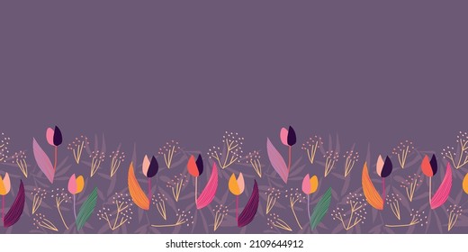 Patrón sin soldadura del borde del bastidor del tulipán. Ilustración vectorial. Ideal para Pascua, cumpleaños, San Valentín, fiesta, envoltura de regalo, papel pintado, textil y libro de recortes.