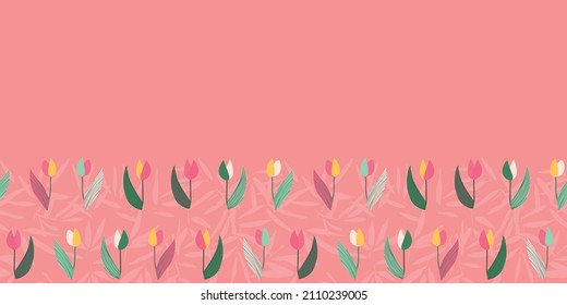 Tulip Flower Frame Border Seamless Pattern. Vector illustration. Great for Easter, birthday, valentines, party, gift wrapping, wallpaper, textile and scrapbook.