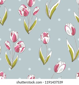 Tulip flower graphic pink green color seamless pattern sketch illustration vector