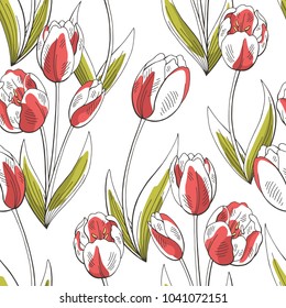 Tulip flower graphic red green color seamless pattern sketch illustration vector