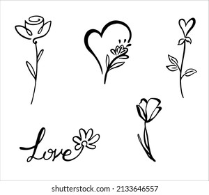 Tulip flower, heart rose, love word flower. Black line doodle vector tattoo logo. Outline illustration. Nature monochrome line art design. Hand drawn simple linear art