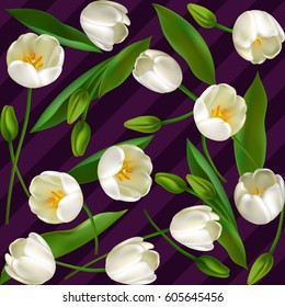 Tulip Flower Holiday Background. White Tulips. Vector illustration. Springtime. Seamless. Realistic Flowers.