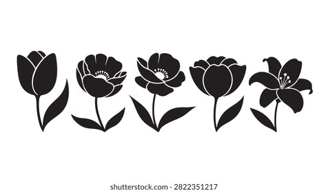 tulip flower icon set, simple black silhouette floral design for decor