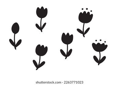 Juego de iconos de flor de tulipán, ilustración de doodle dibujada a mano por vectores.