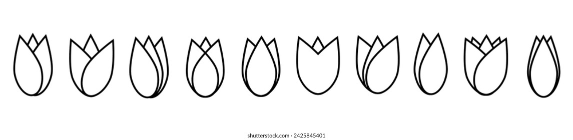 Conjunto de vector de icono de flor de tulipán. Signo de silueta de tulipán simple .Colección de iconos de línea de flores de tulipán negro .