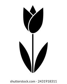 Tulip flower icon vector . Simple tulip silhouette sign .Black tulip flower with leaves line icon 