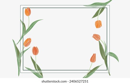 Tulip flower and leaves botanical painting. Hand-drawn vector illustration. Floral frame invitation card design.	