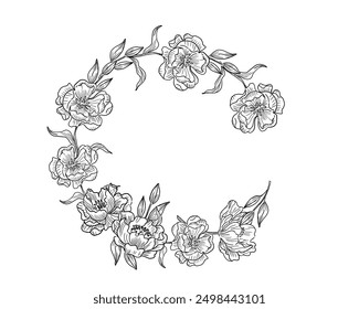 Tulip Flower and Leaves Hand Drawn Wreath