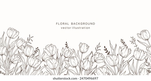 Tulip flower line art seamless border background. Floral tulips plant leaf frame design card. Summer vintage bouquet luxury pattern. Vector illustration nature spring wedging card