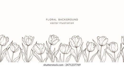 Tulip flower line art seamless border background. Floral tulips plant leaf frame design card. Summer vintage bouquet luxury pattern. Vector illustration nature spring wedging card
