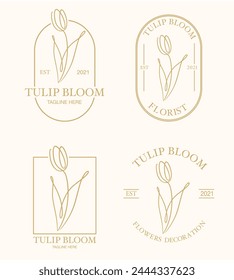 Tulip flower logo set. Botanical floral logo collection for florist, beauty salon, boutique, shop. Abstract tulip flower continuous line logo. Minimalist contour drawing of tulip for label and stamp.