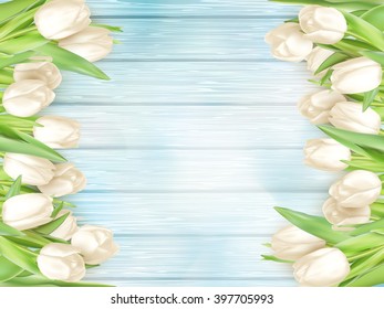 Tulip flower on turquoise painted wooden table background. Top view with copy space. EPS 10 vector file included