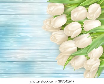 Tulip flower on turquoise painted wooden table background. Top view with copy space. EPS 10 vector file included