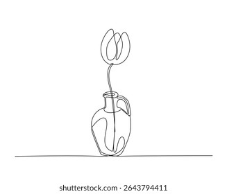Tulip flower on vintage vase outline drawing illustration. one continuous line drawing of flower for interior.